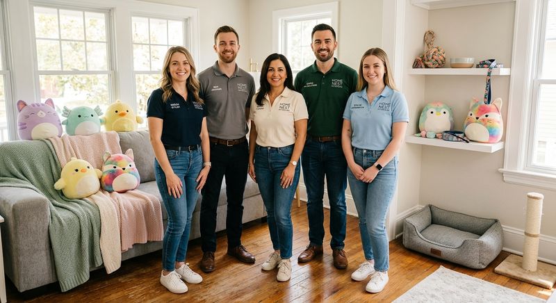 Pastel living room with a shelf of Squishmallows plush collectibles and a matching plush pet bed on the floor