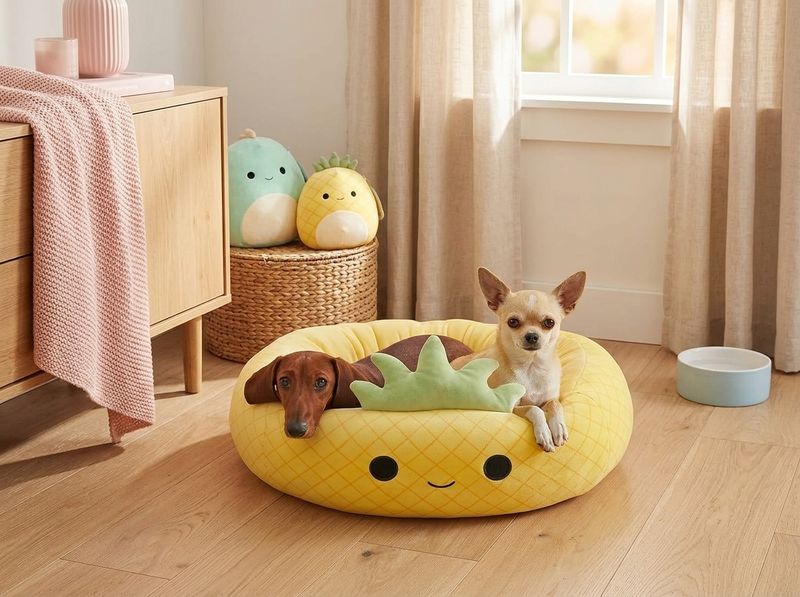 Underside of the Maui Pineapple pet bed showing the non-skid rubberized bottom on hardwood floor
