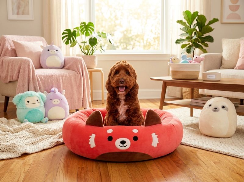 Close-up of a hand pressing into a plush Squishmallows pet bed bolster rim, showing the finger-sink texture