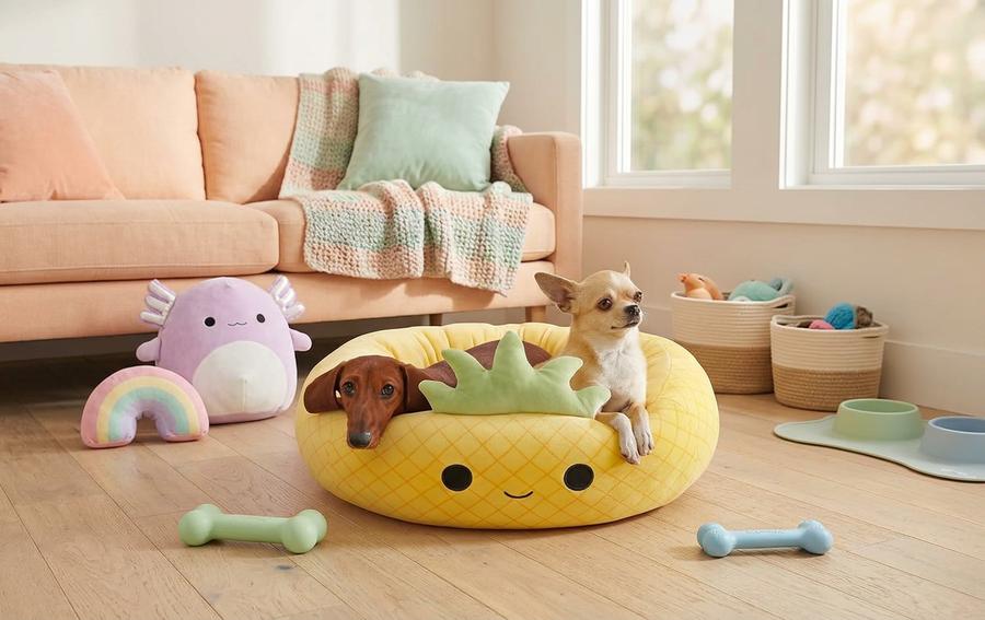 Maui Pineapple yellow plush bolster bed next to a potted palm