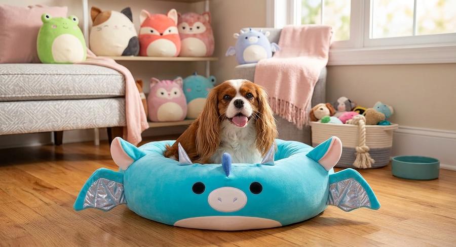 Tatiana the Dragon bolster pet bed on a rug in a pastel bedroom