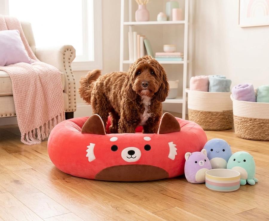 Cici the Red Panda 30-inch pet bed placed on hardwood beside a sunny window